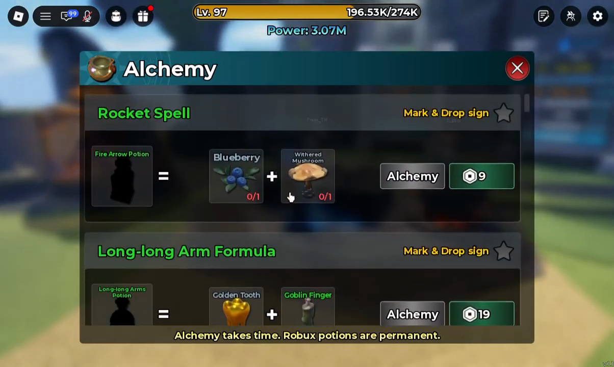 Magic Loot v1.11 Alchemy Formula panel showing Potion results, material counts, Alchemy and Robux options, and tracking stars