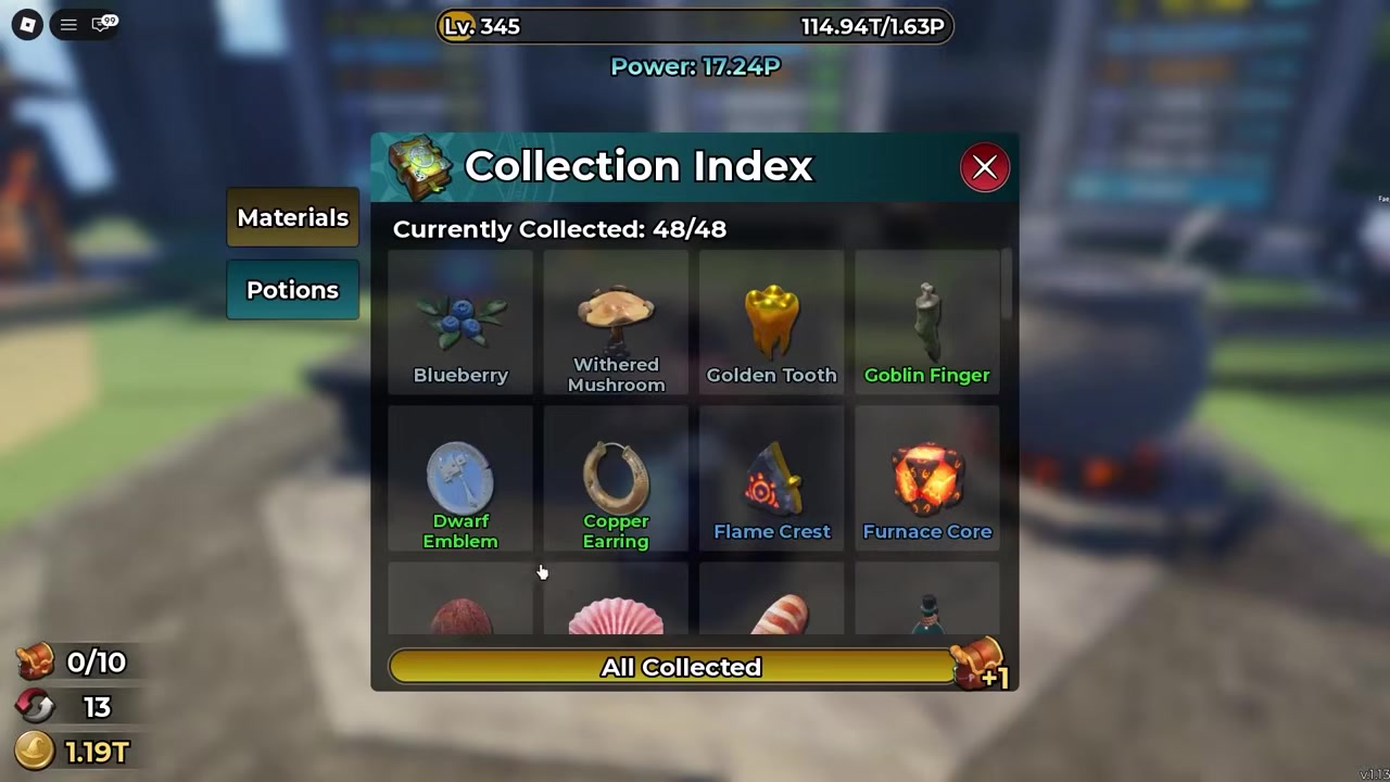 Magic Loot Collection Index panel showing Currently Collected 48/48 and rows of material icons and names