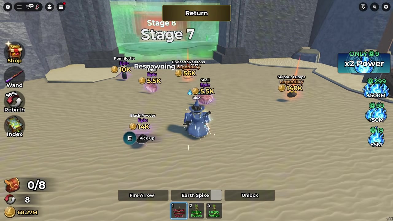 Magic Loot Stage 7 room showing ground labels for Shell, Rum Bottle, Black Powder, Undead Skeletons, and Sulphur Lumps