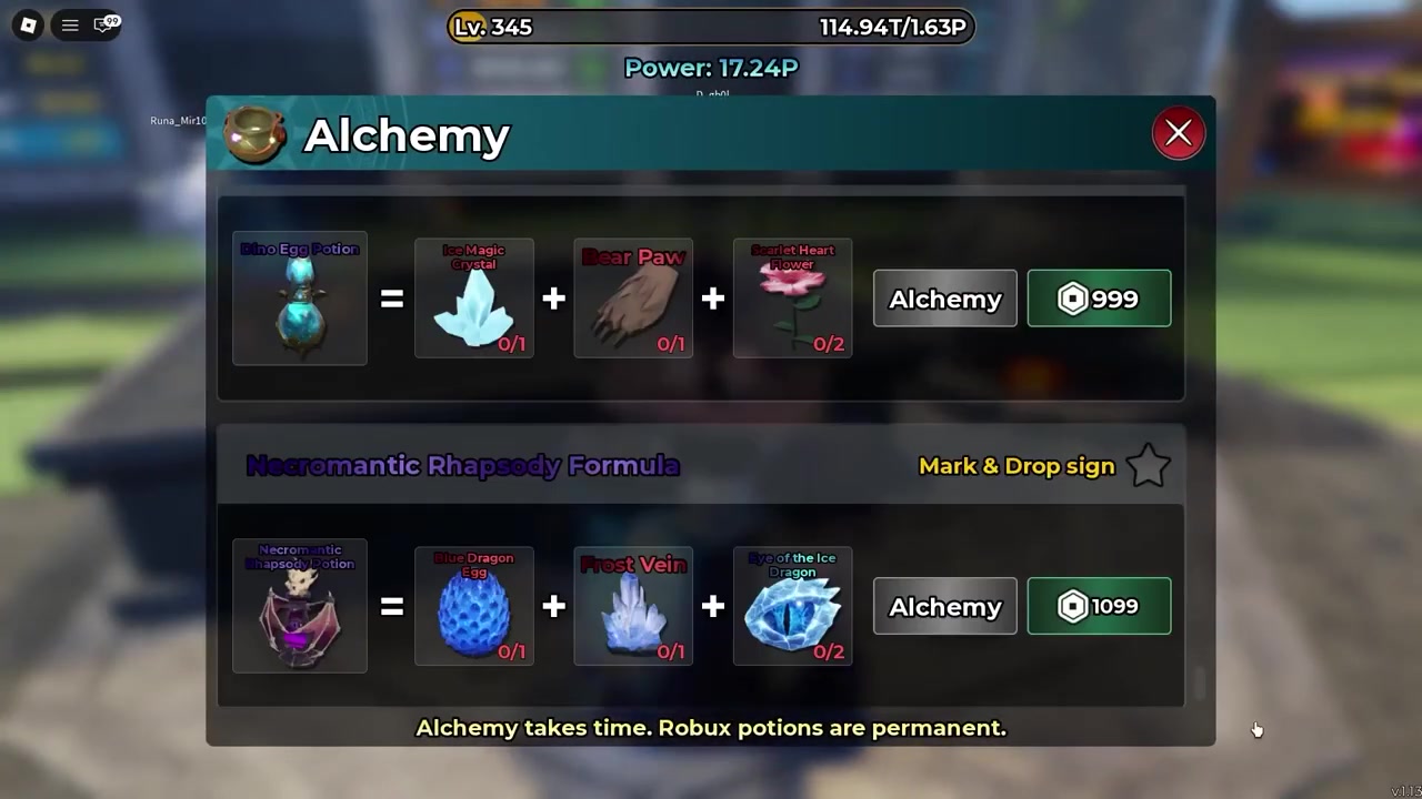 Magic Loot Alchemy panel showing the Dino Egg and Necromantic Rhapsody Formula rows with their visible materials