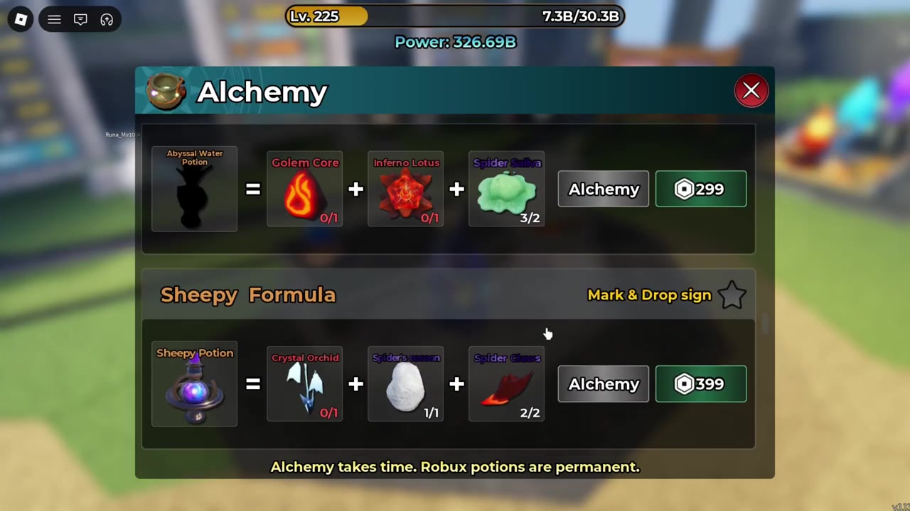 Magic Loot Alchemy panel showing the Abyssal Water and Sheepy Formula rows with their visible materials