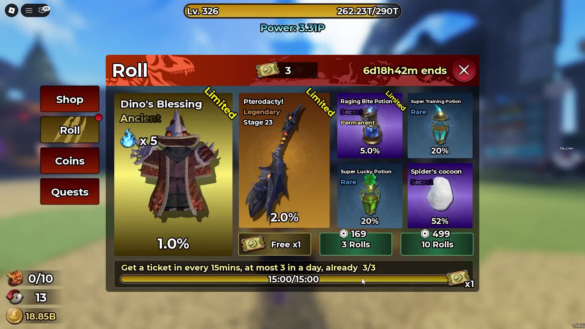 Magic Loot Dino Event Roll panel showing the Raging Bite Potion card, its labels and chance, and the free-ticket controls