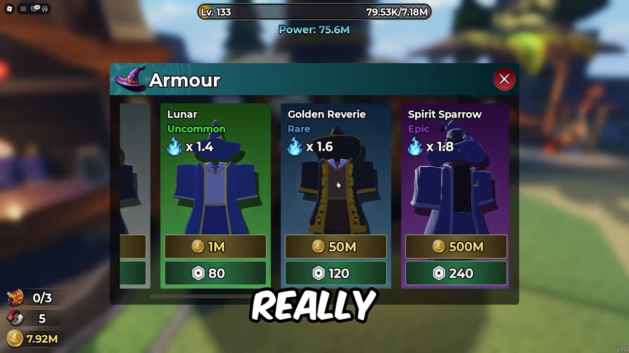 Magic Loot Armour shop showing Lunar, Golden Reverie, and Spirit Sparrow with their visible Power multipliers and Coin values