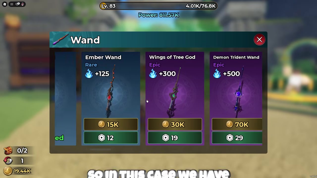 Magic Loot Wand shop showing Ember Wand, Wings of Tree God, and Demon Trident Wand with their visible Power and Coin values